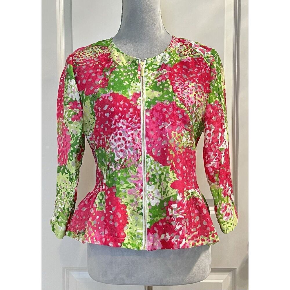 Ruby Rd. Linen Blend Pink/Green Semi Sheer Full Zip Top Shacket Jacket Sz 8 AKA